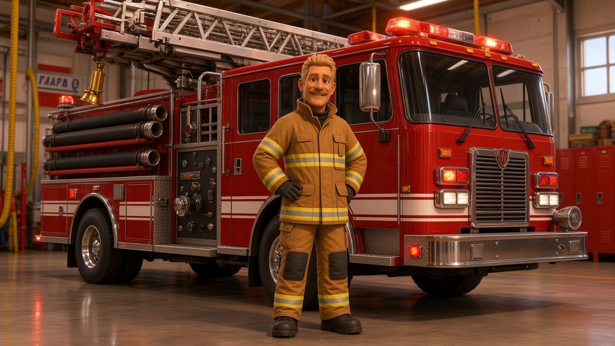 A firefighter in front of the engine after a shift